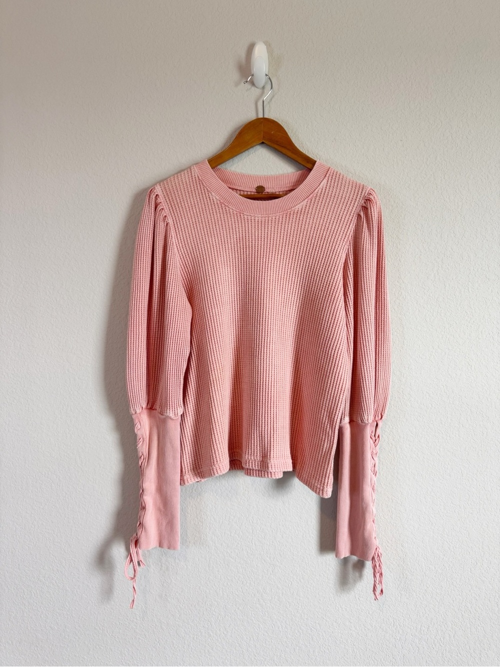 Free People One Pink Tasha Lace Up Puff Sleeve Thermal Top Size Large